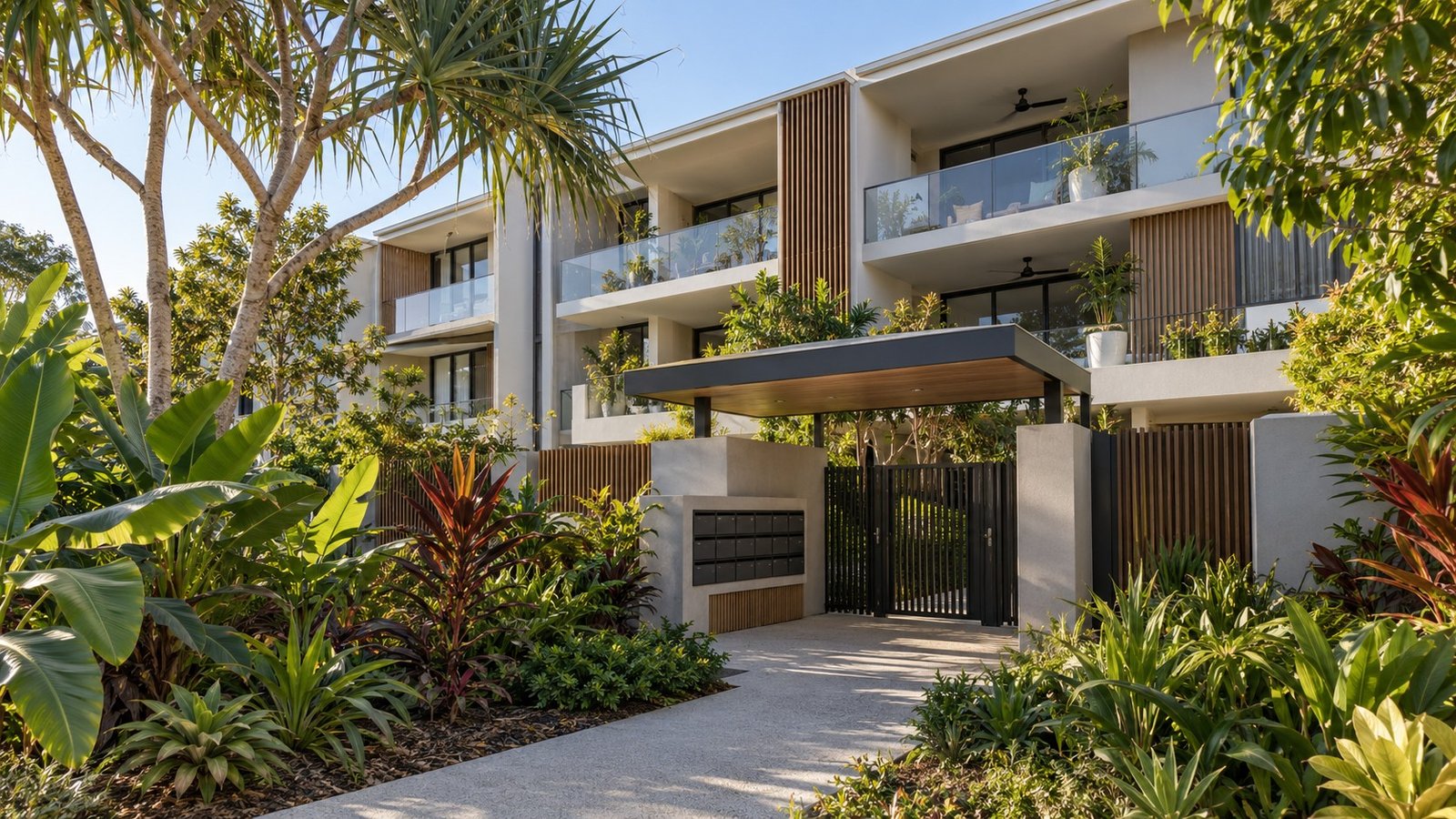 Modern low-rise apartment building with a shared landscaped entry in Queensland