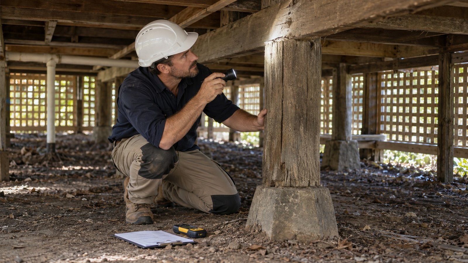Inspector examining the timber stumps and subfloor beneath a Queenslander home