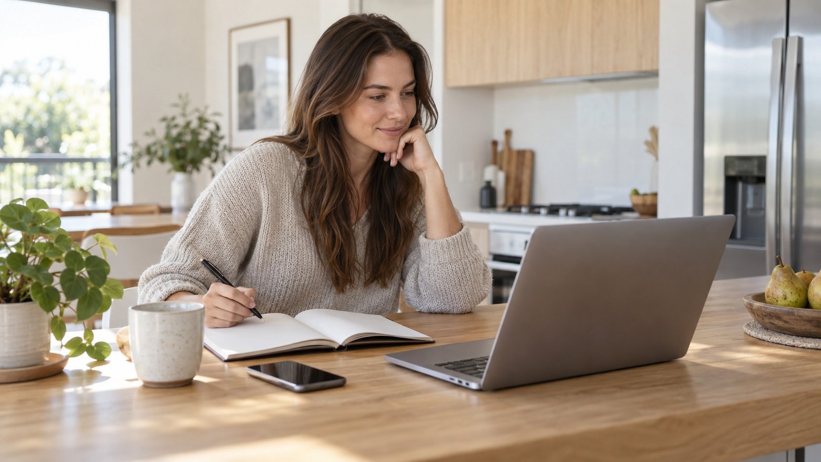 A person reviewing home deposit finances at a kitchen bench in an Australian home