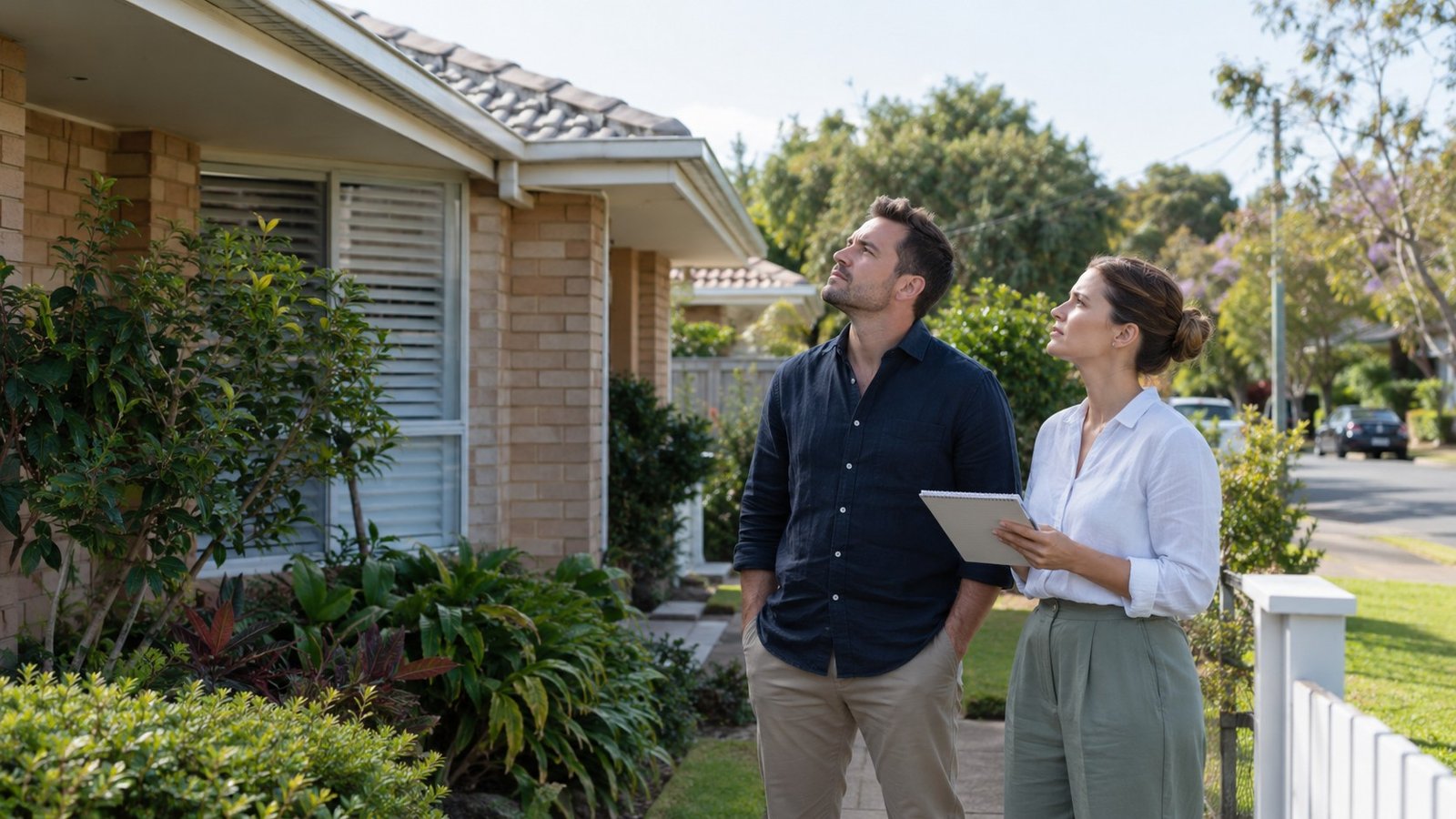 Prospective buyers inspecting the exterior of a Queensland home before making an offer