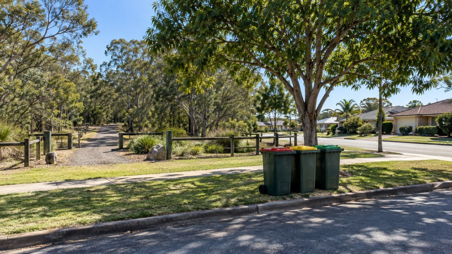 Tidy suburban Queensland street verge and park edge kept clear of dumped rubbish