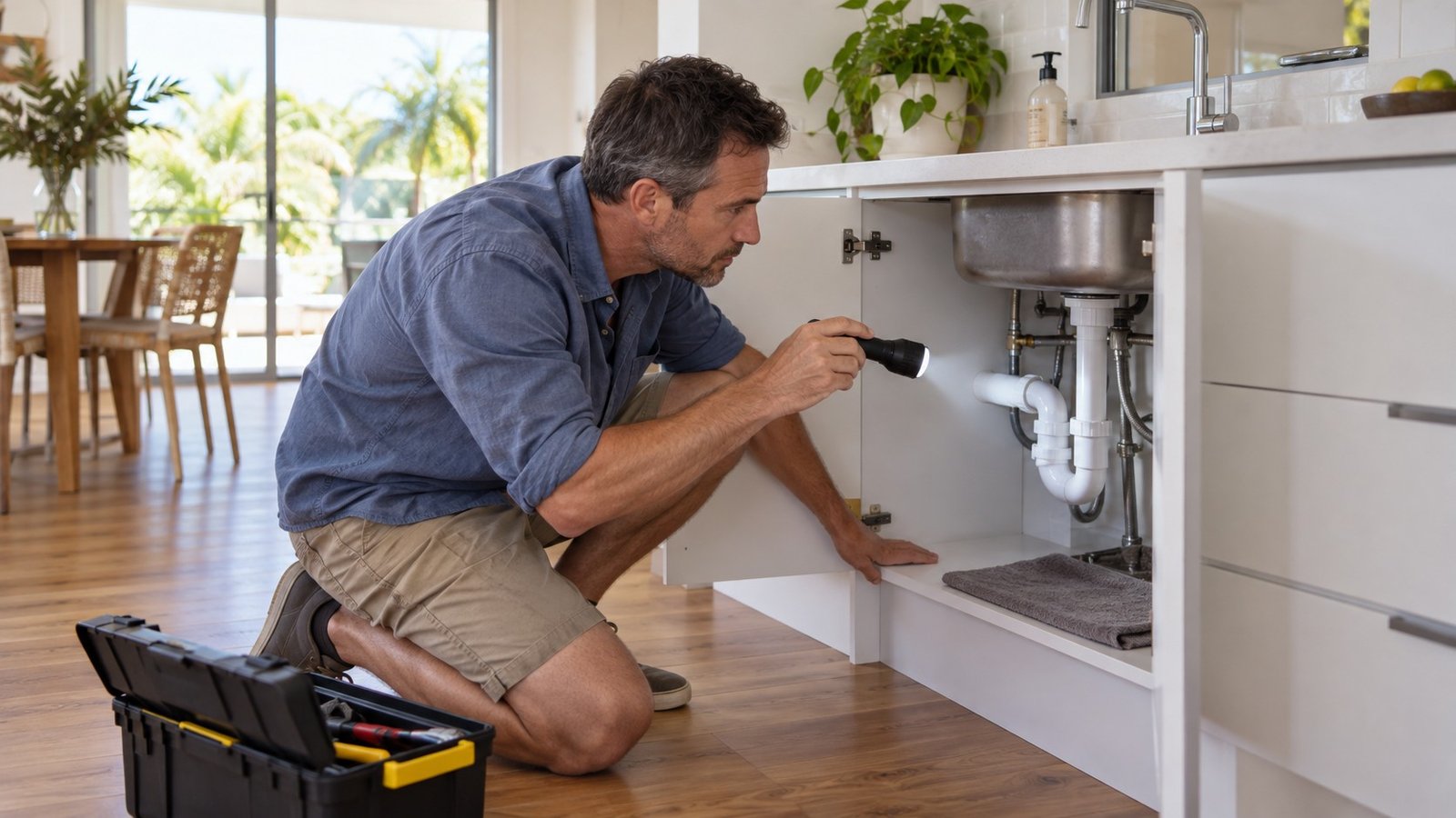 A homeowner checking the pipework under a kitchen sink with a torch in a bright Queensland home