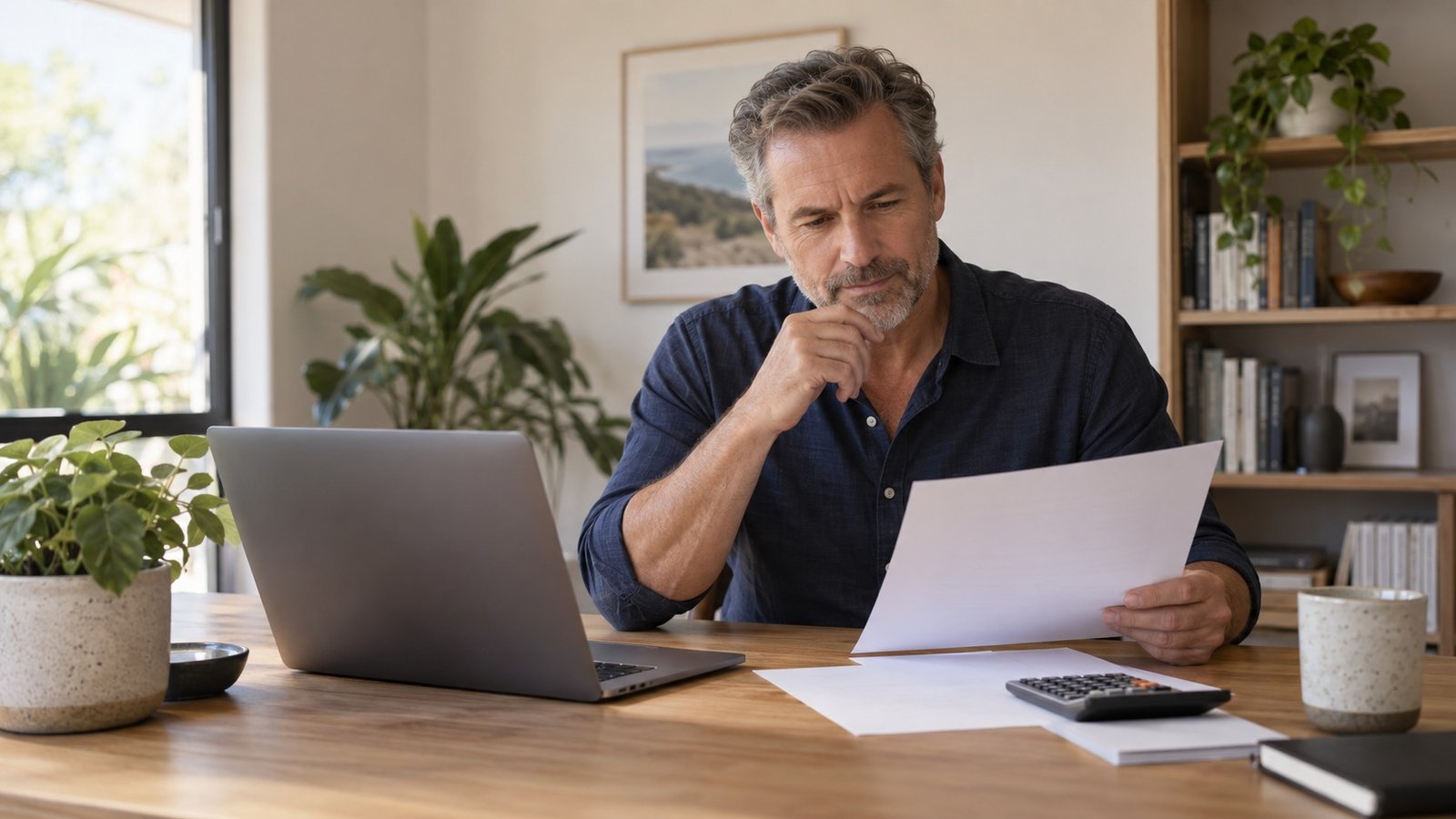 Property owner reviewing land tax paperwork at a home office desk