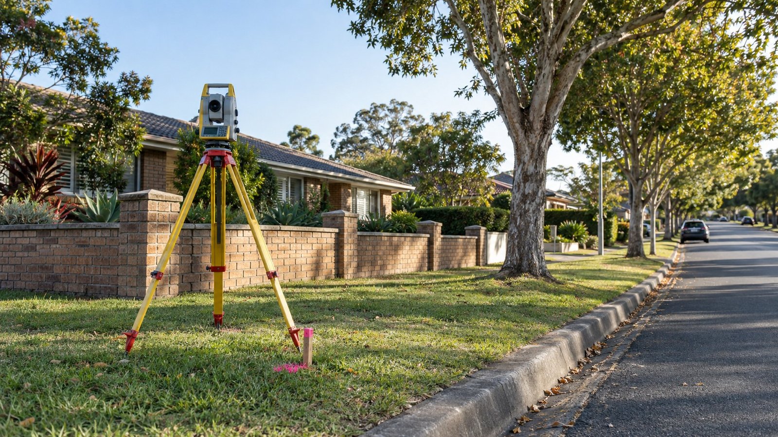 Surveying equipment set up on a residential block boundary in suburban Queensland