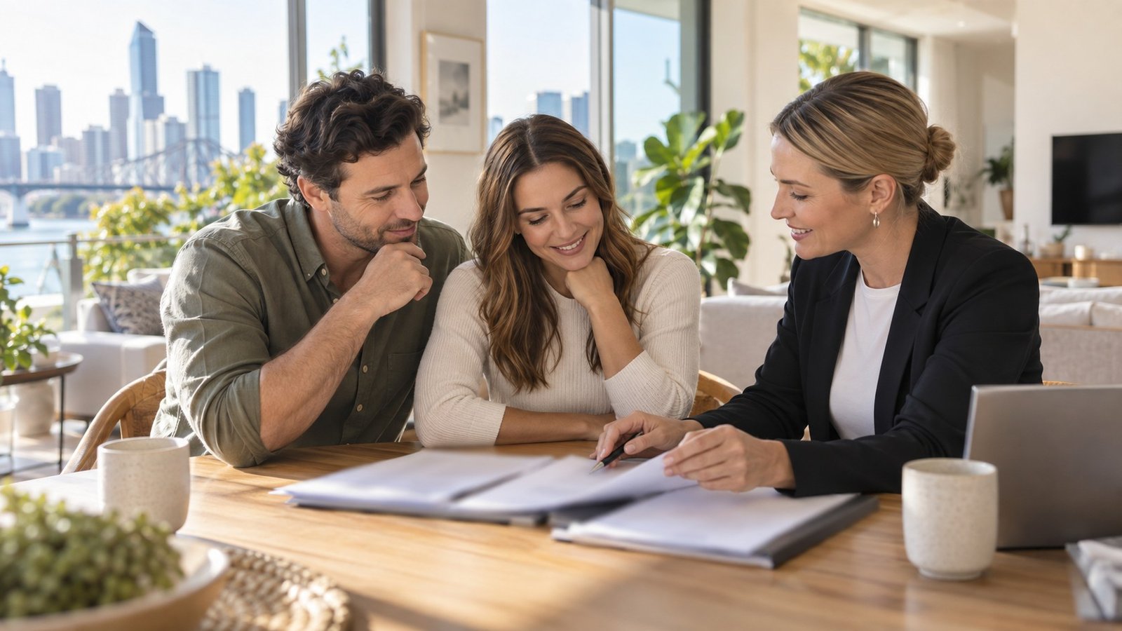 A couple reviewing property contract paperwork with a professional adviser at a dining table in a bright Brisbane home