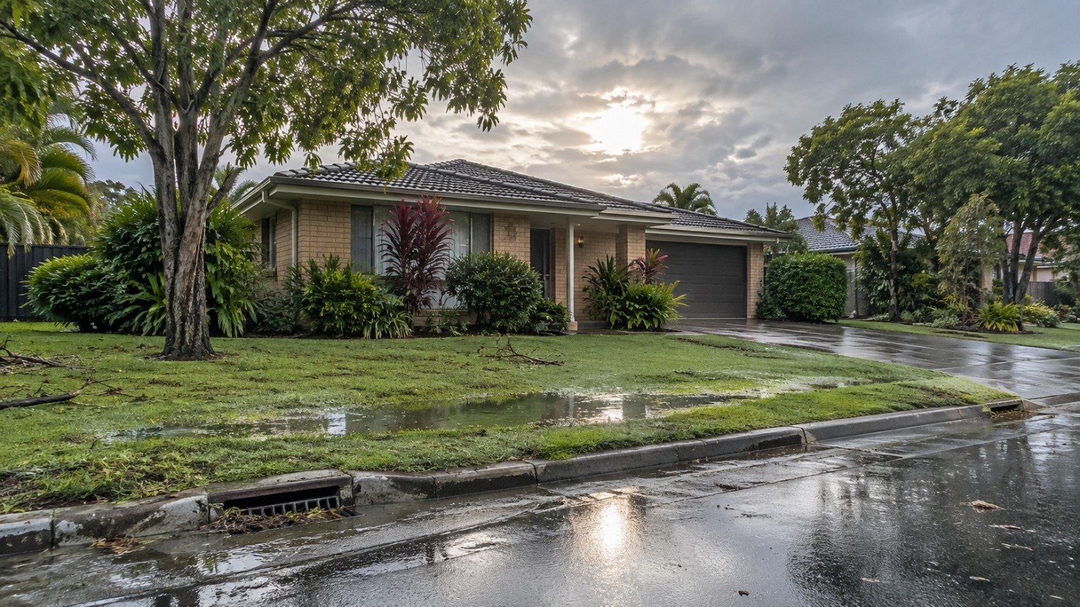 Queensland home and garden after heavy rain with water pooling near a stormwater drain