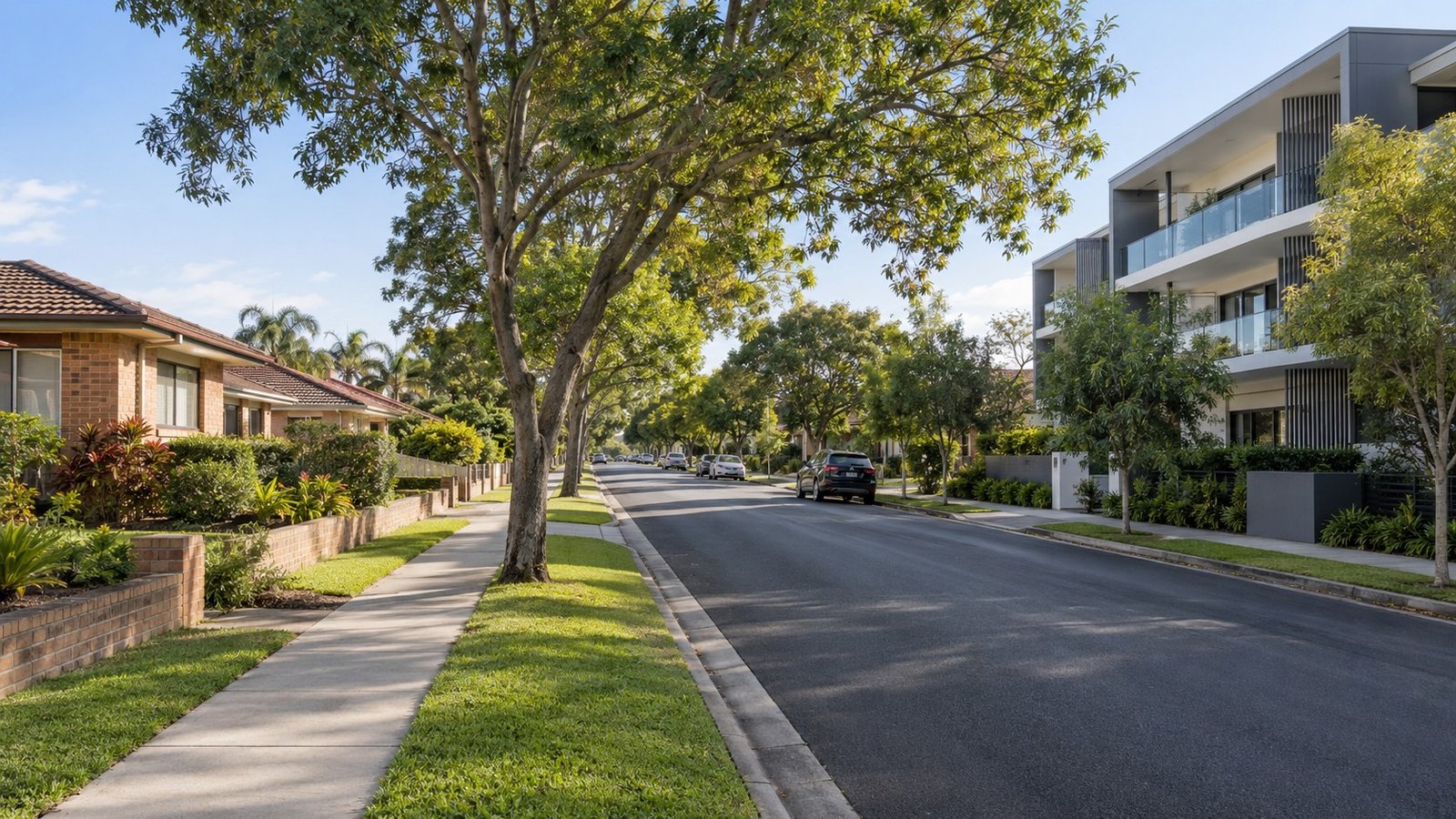 Suburban street showing a transition between low density housing and low-rise units