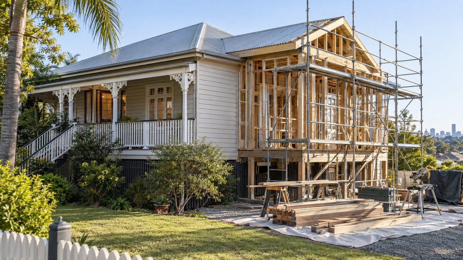 Partially renovated Queenslander home exterior with scaffolding and new timber framing
