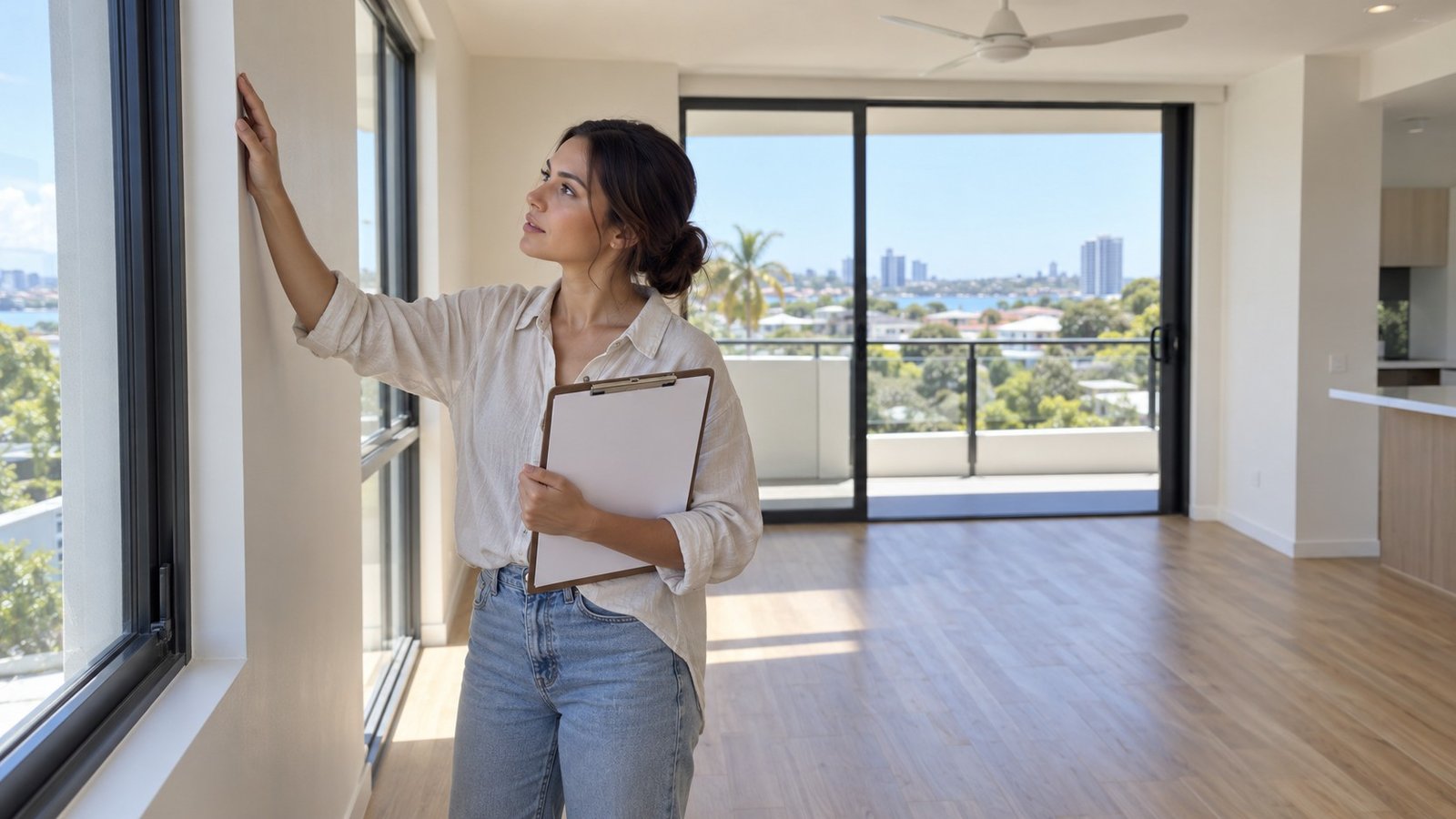 A renter with a clipboard inspecting the windows and walls of a bright empty Queensland apartment before signing a lease