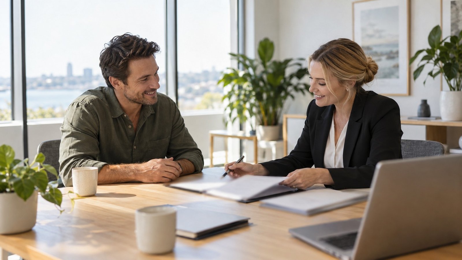 Buyer and conveyancer reviewing settlement paperwork at a bright office table