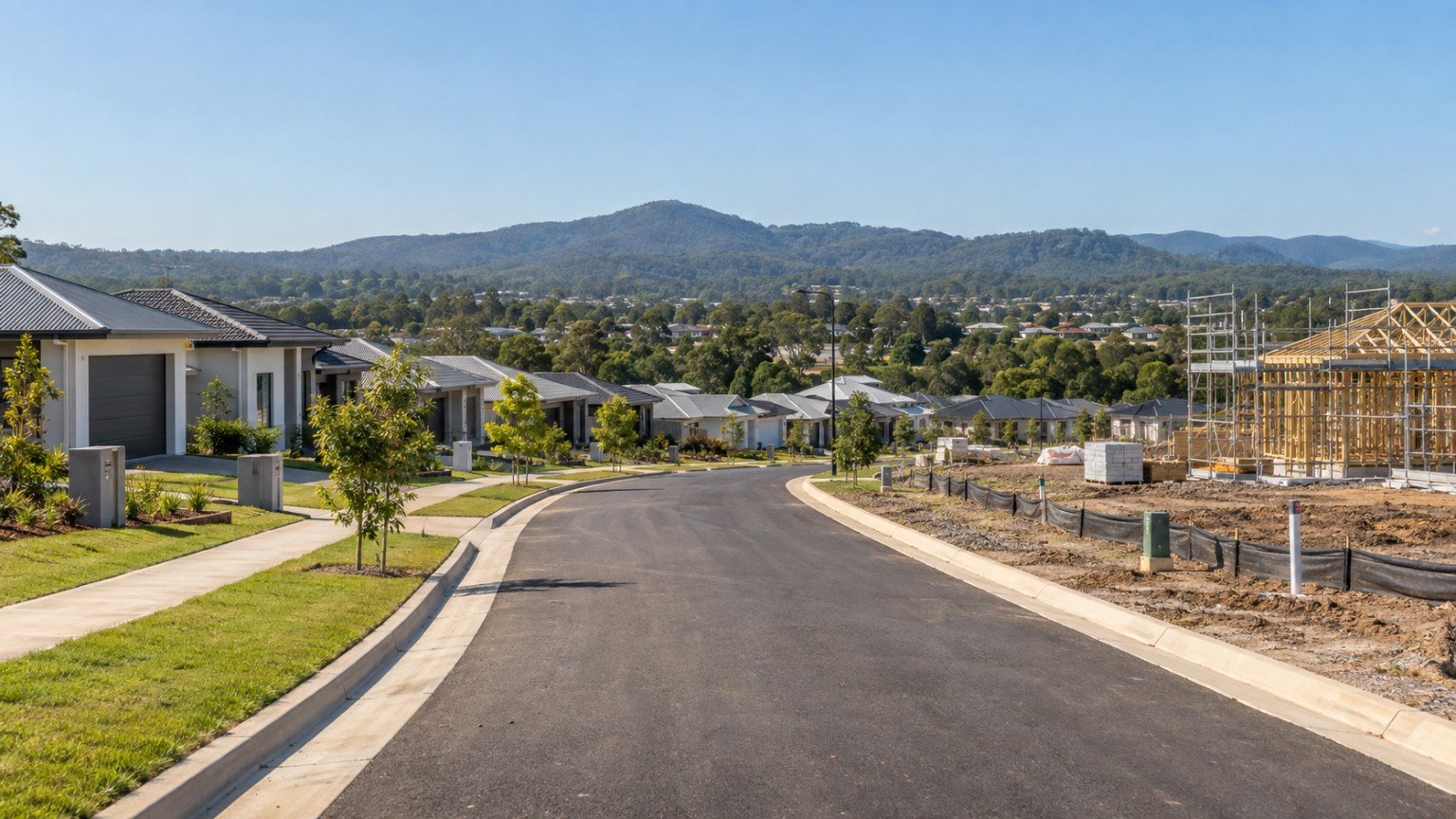 New homes and freshly formed estate roads on the edge of established housing west of Brisbane