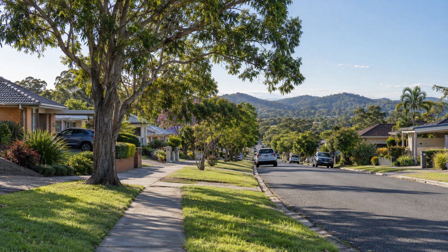 Established residential street of brick and rendered family homes in an outer western Brisbane suburb