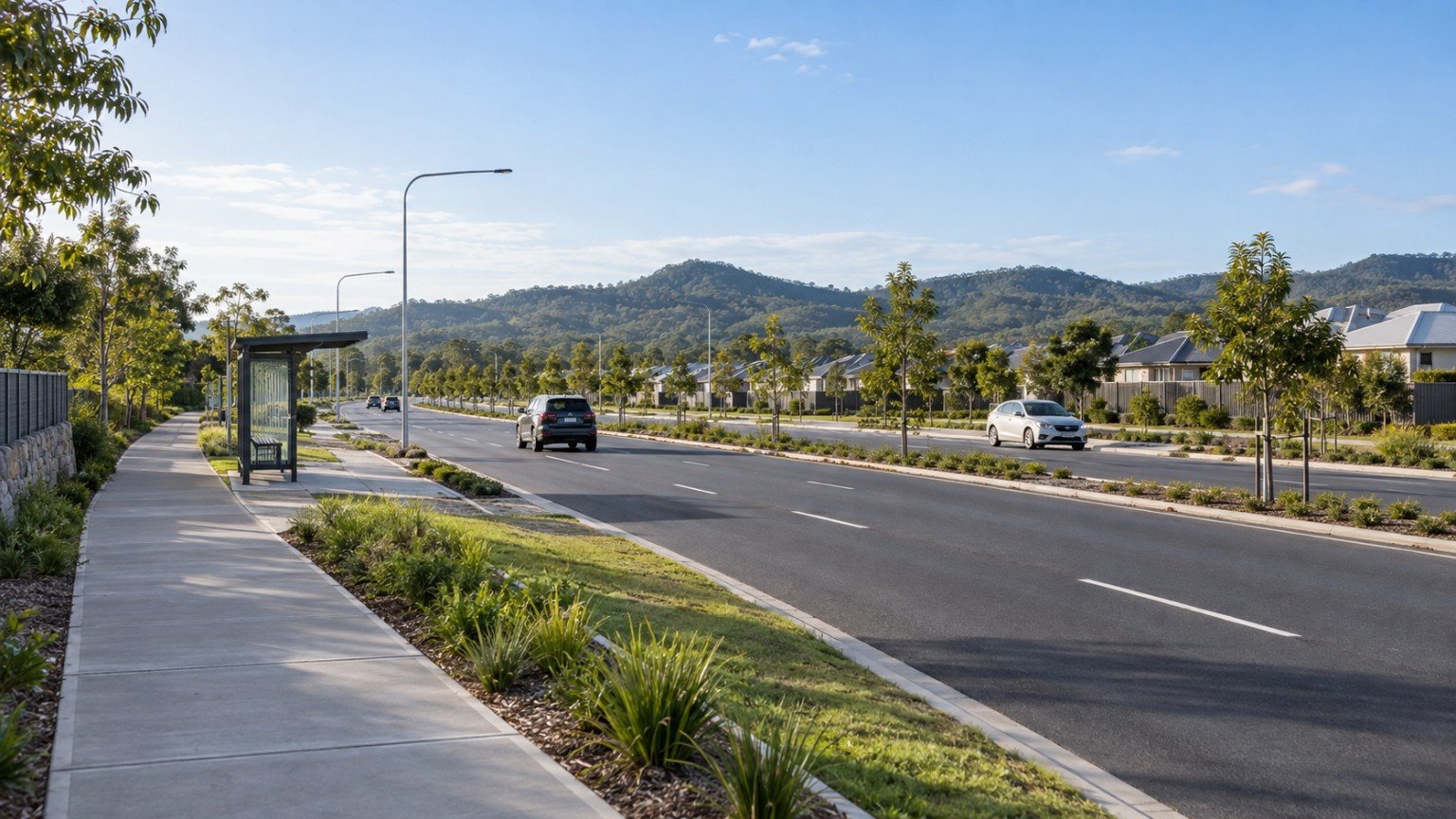 Wide arterial road with bus stop and shared path serving a growing Ipswich-region suburb