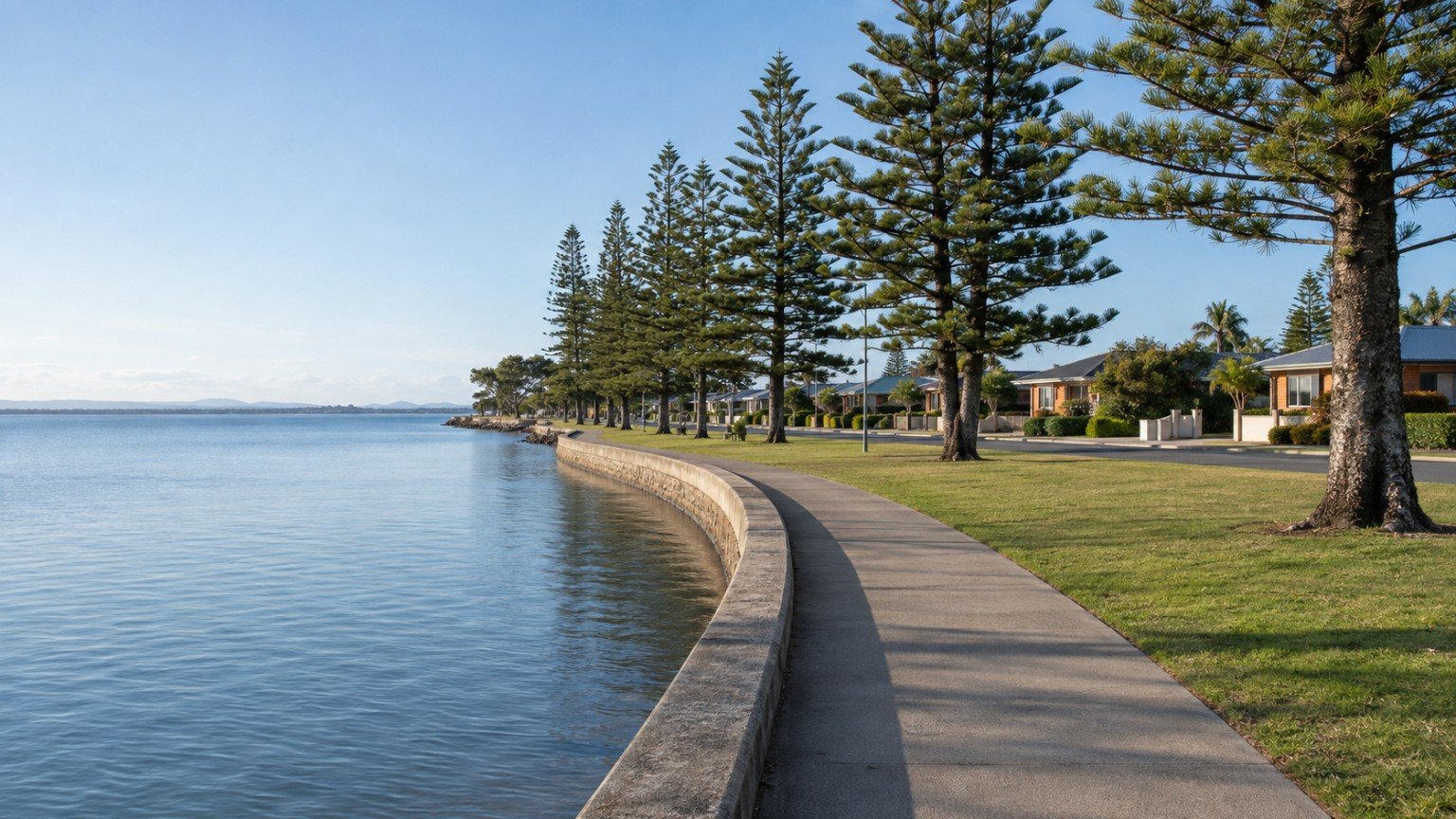 Redcliffe peninsula foreshore with a seawall path, Norfolk pines and low-set homes across the road