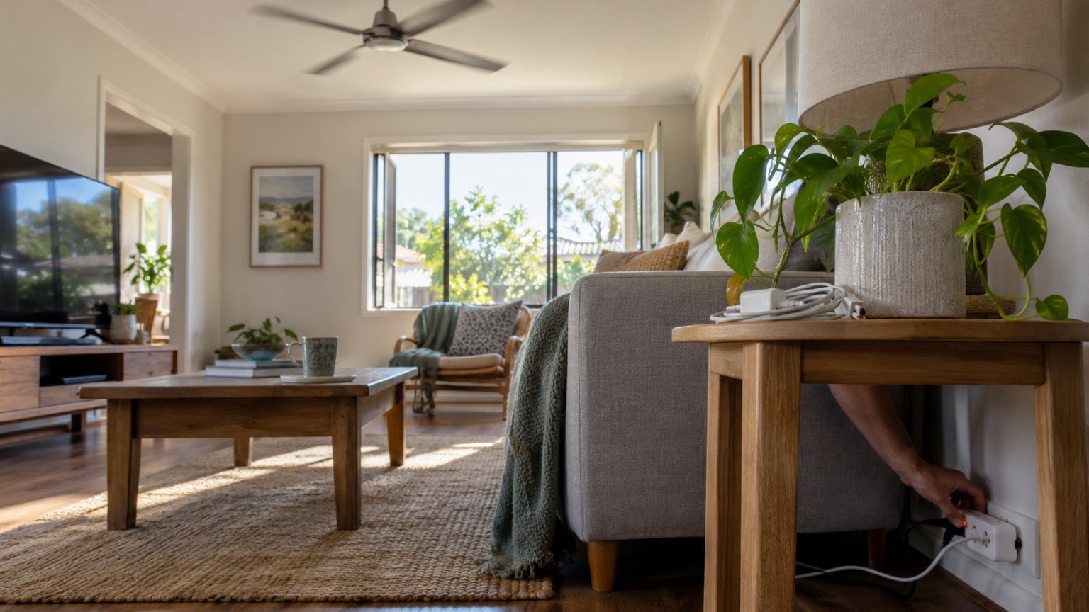 Appliance being switched off at the wall in a naturally lit living room