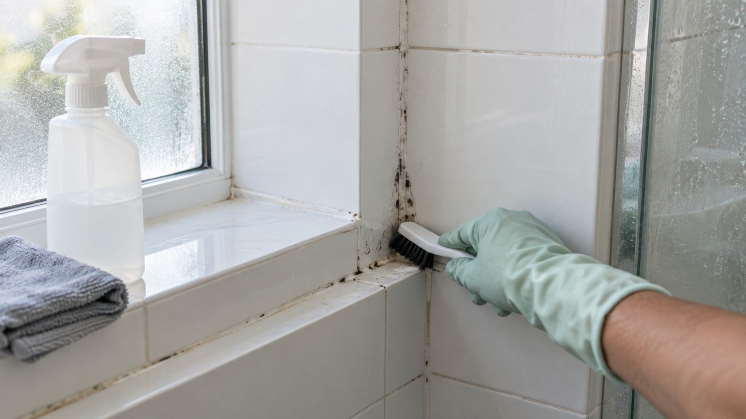Cleaning mould from silicone sealant and tile grout in a bathroom shower
