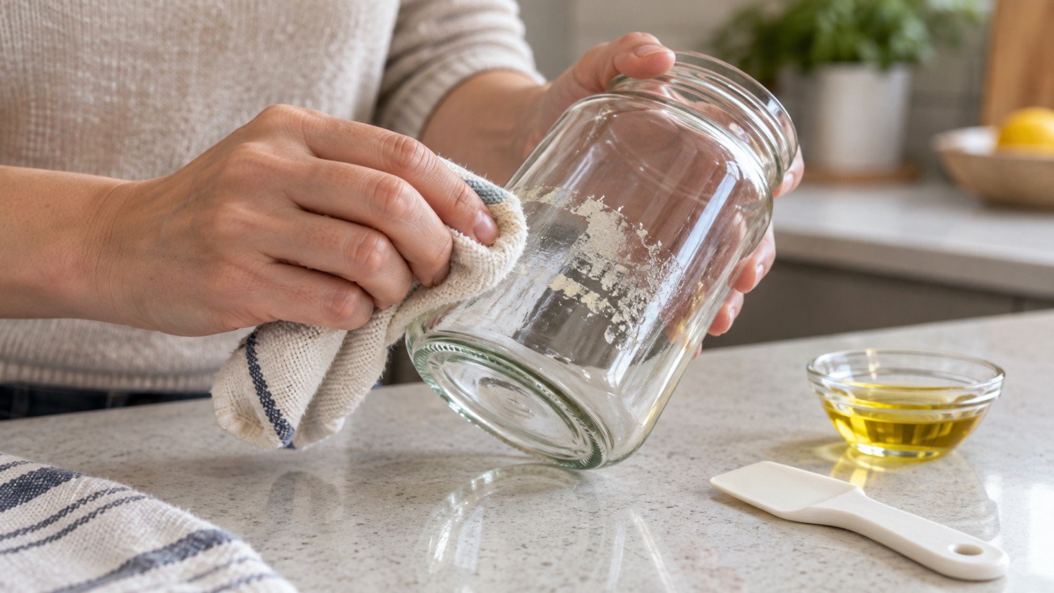 Hands using a cloth to remove sticky label residue from a glass jar