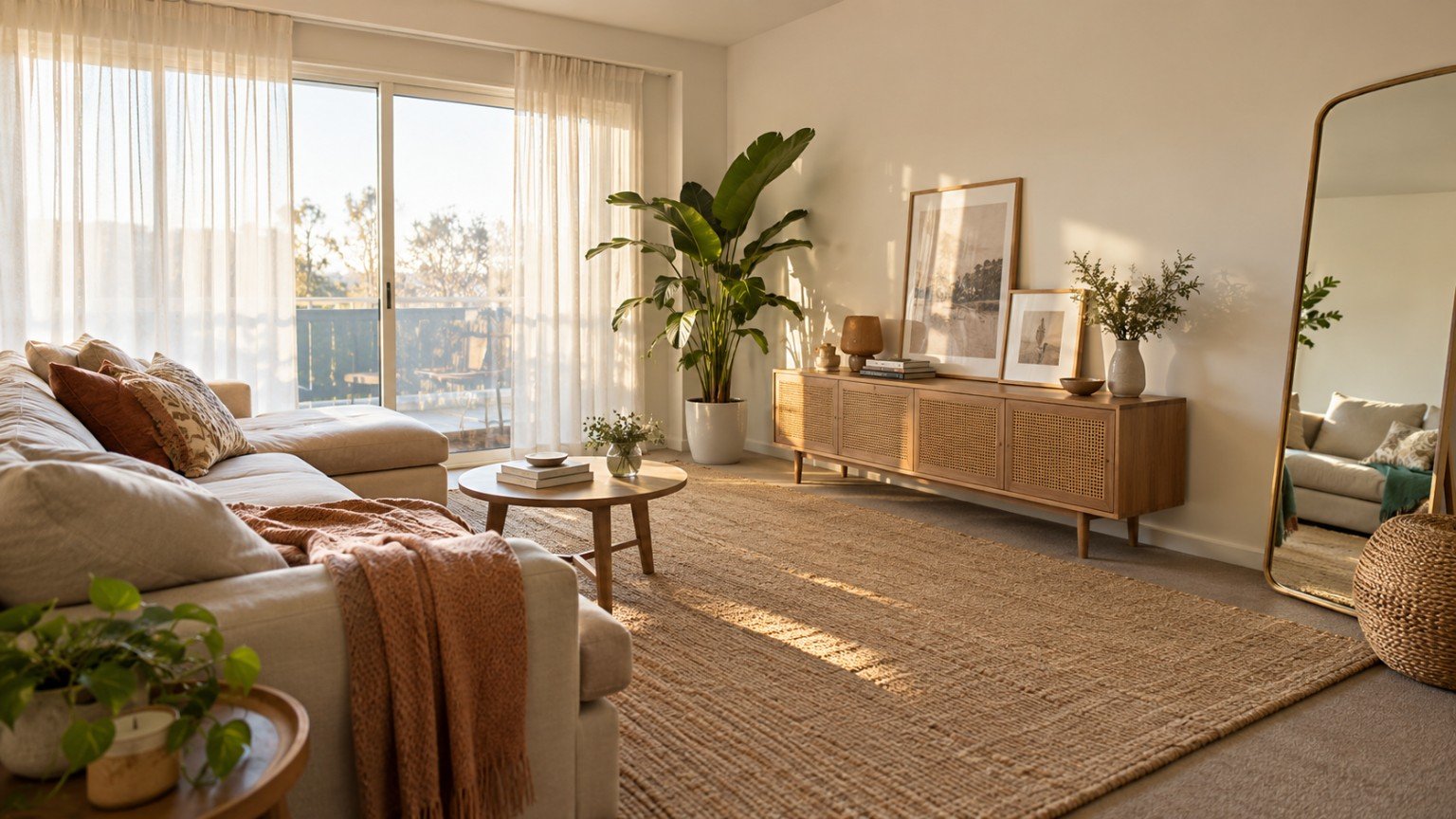 Rental living room styled with rugs, plants and removable decor