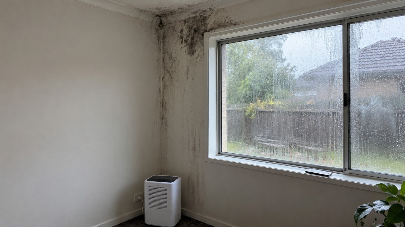 Damp patch and light mould in the corner of a rental room near a window