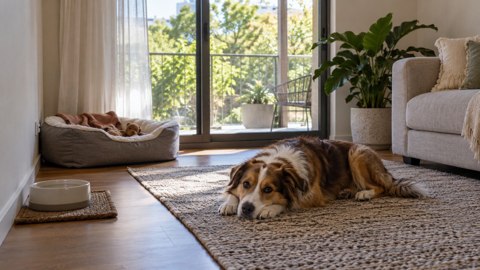 Dog resting on the floor of a rental living room