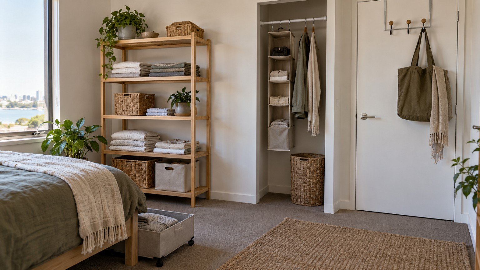 Freestanding shelving, tension rod and over-door hooks in a rental room