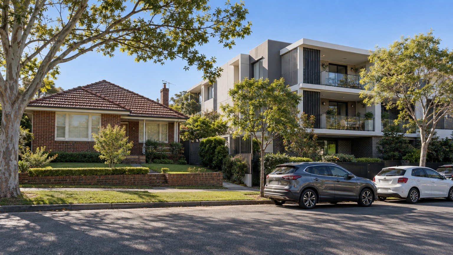 Detached houses and a low-rise apartment building in the same Australian street