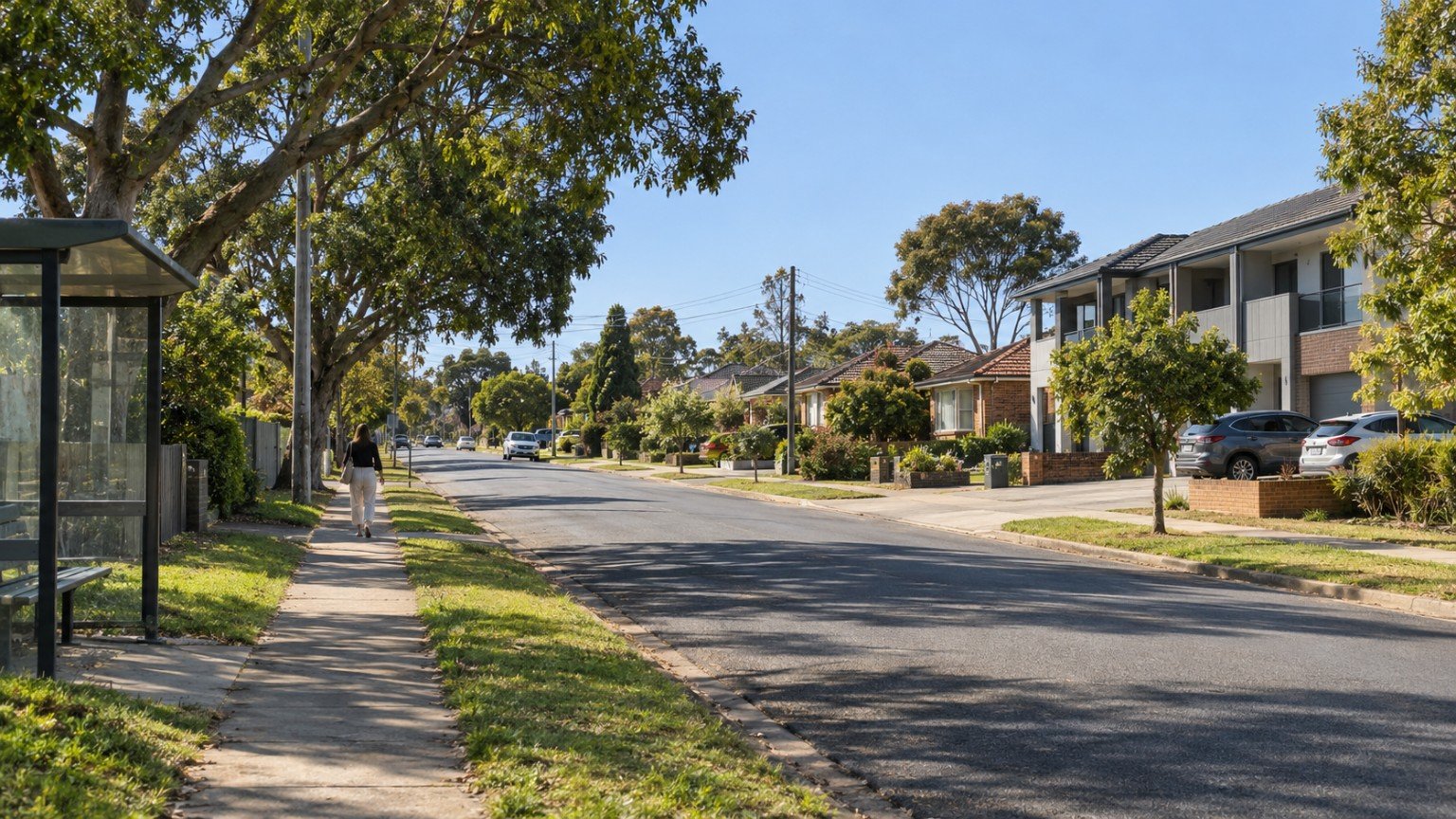 Ordinary Australian suburban street with mixed housing and footpaths