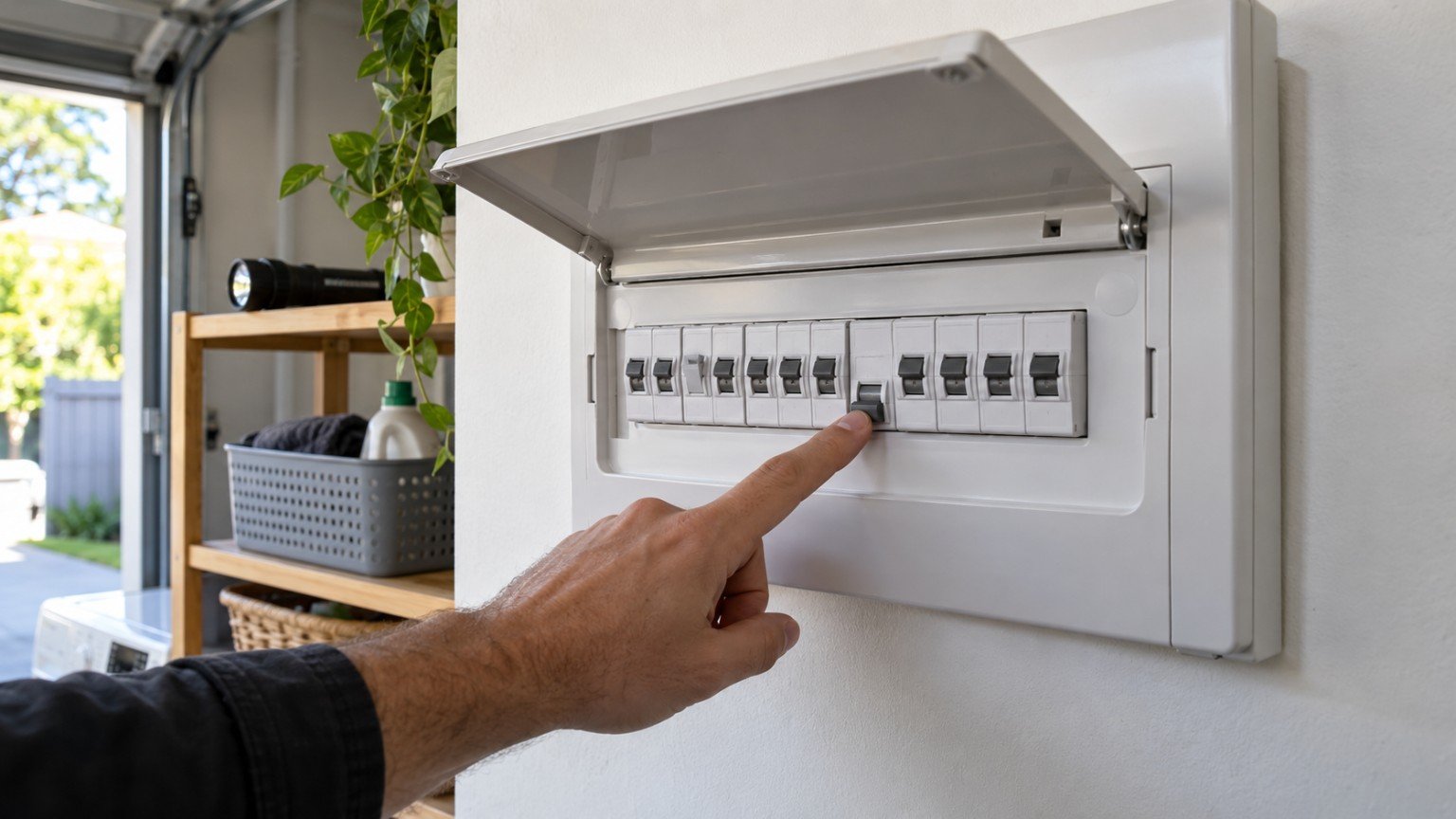 Home switchboard with circuit breakers and a hand resetting one switch