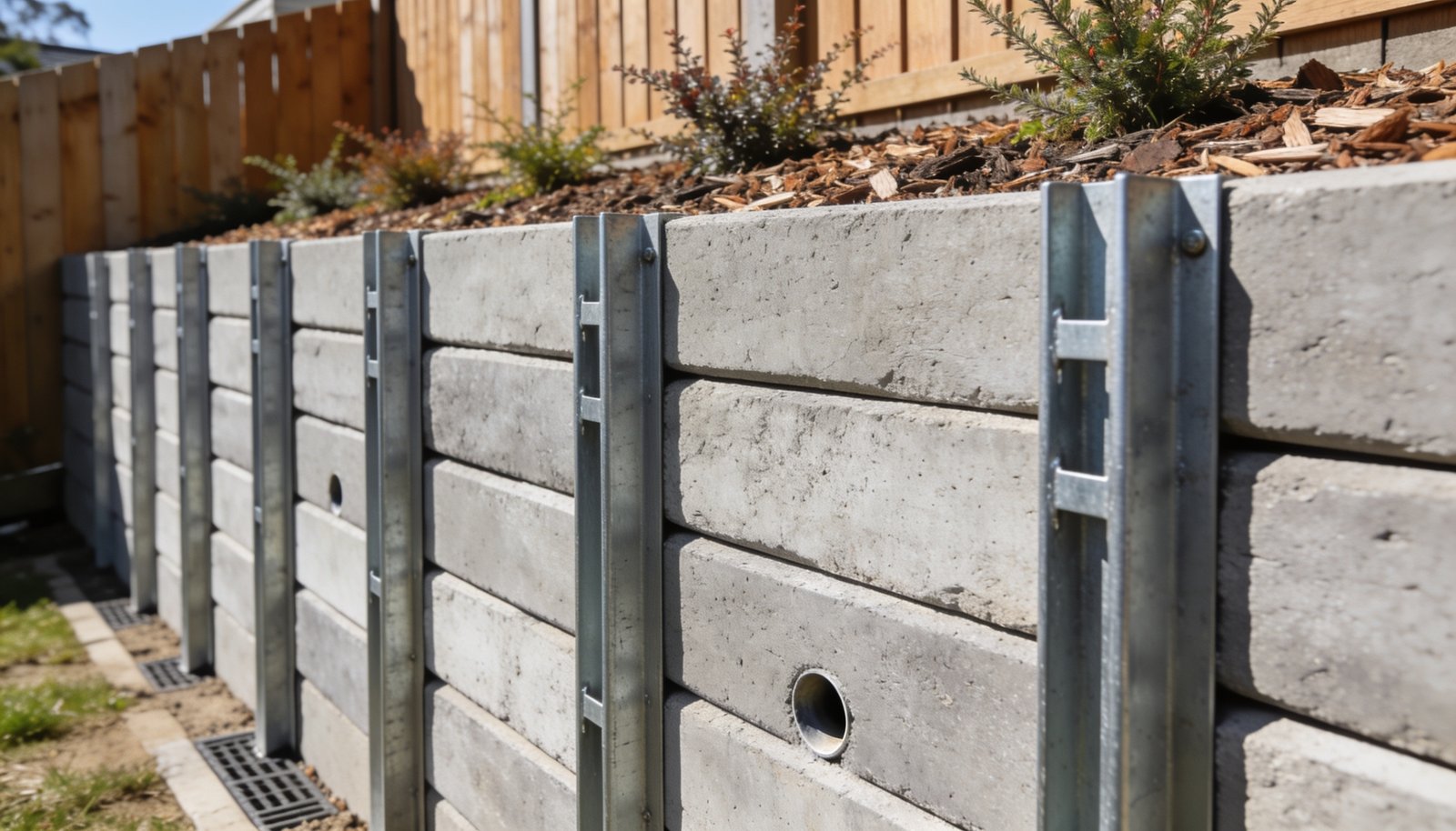 Close-up of an Australian residential retaining wall built from concrete sleepers with visible drainage weep holes