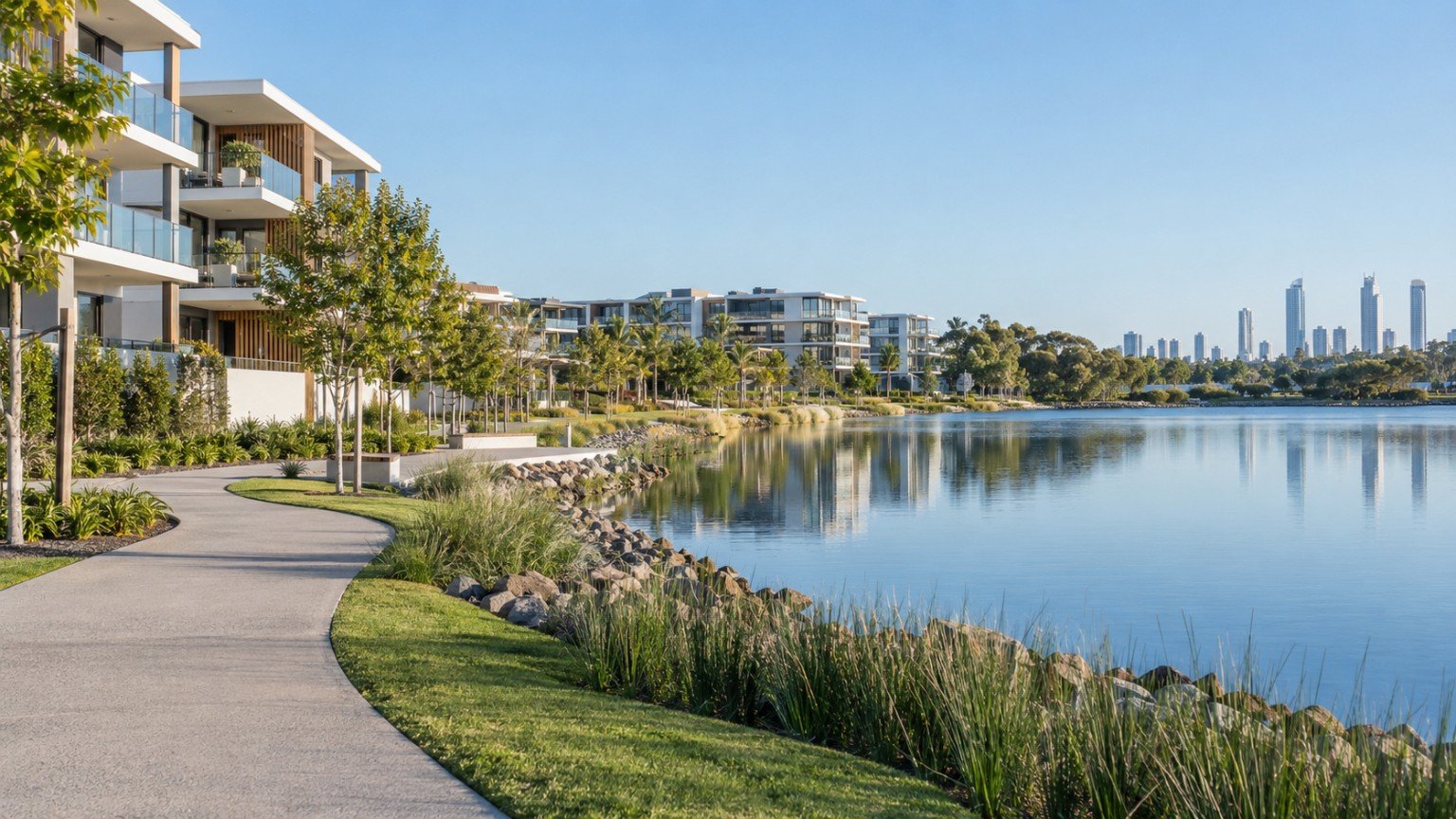 Master-planned Gold Coast lakeside precinct with contemporary mid-rise buildings and landscaped waterfront parkland