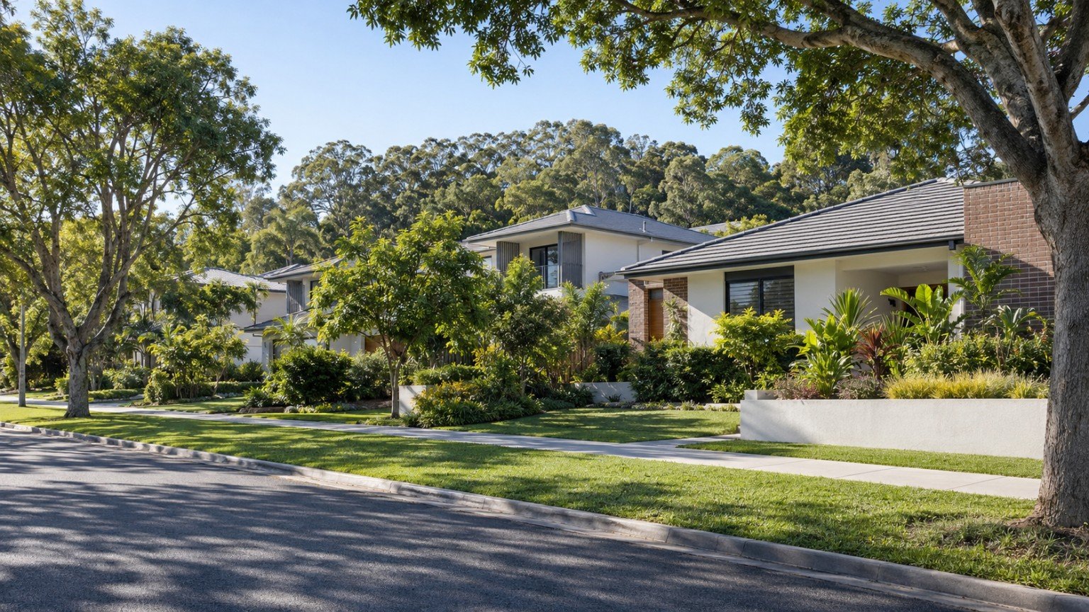 Modern detached homes with generous landscaping on a green established street in south Brisbane