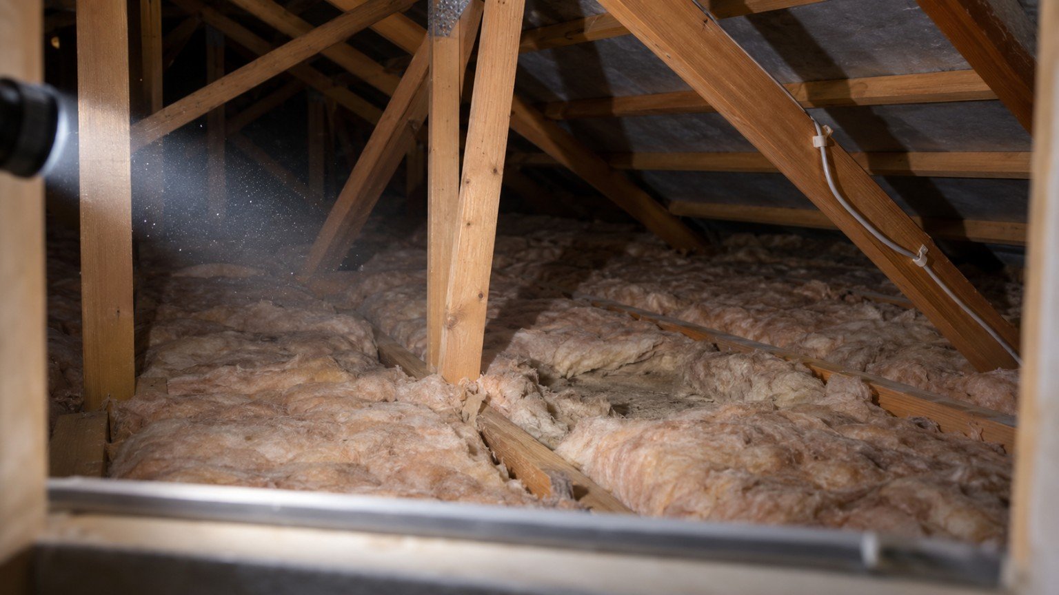 Roof cavity with insulation and timber framing lit by a torch beam