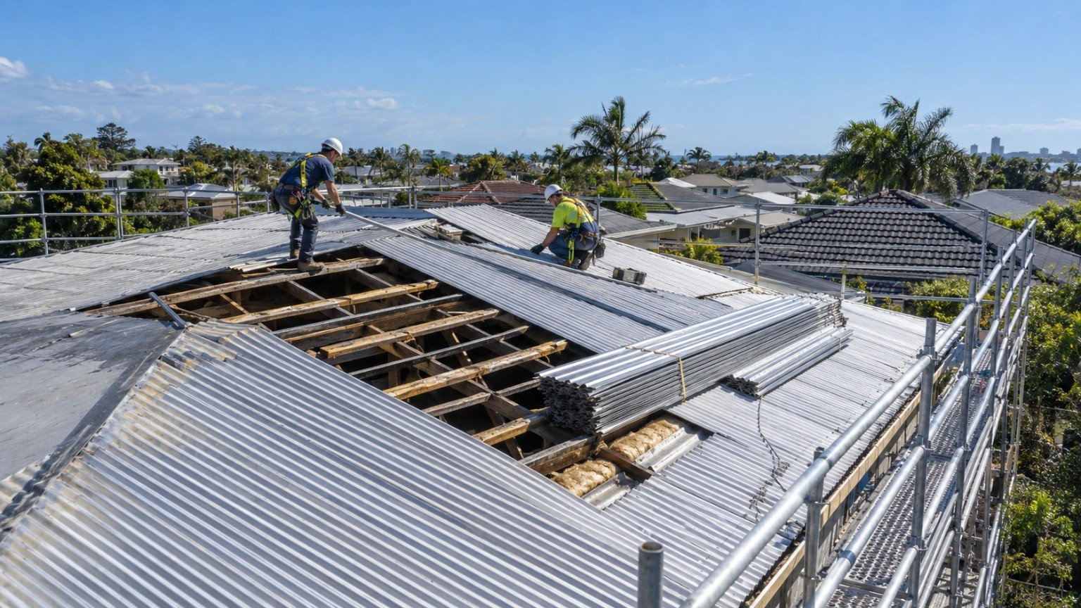 Roofers replacing corrugated metal roof sheeting on a Queensland home