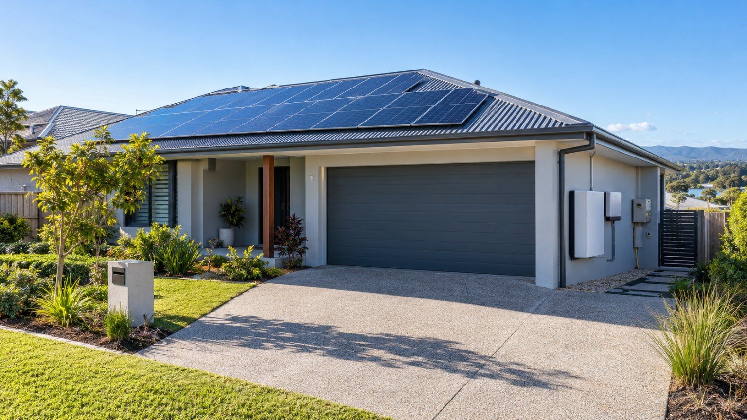 Rooftop solar panels on a modern Queensland home with a wall-mounted battery unit