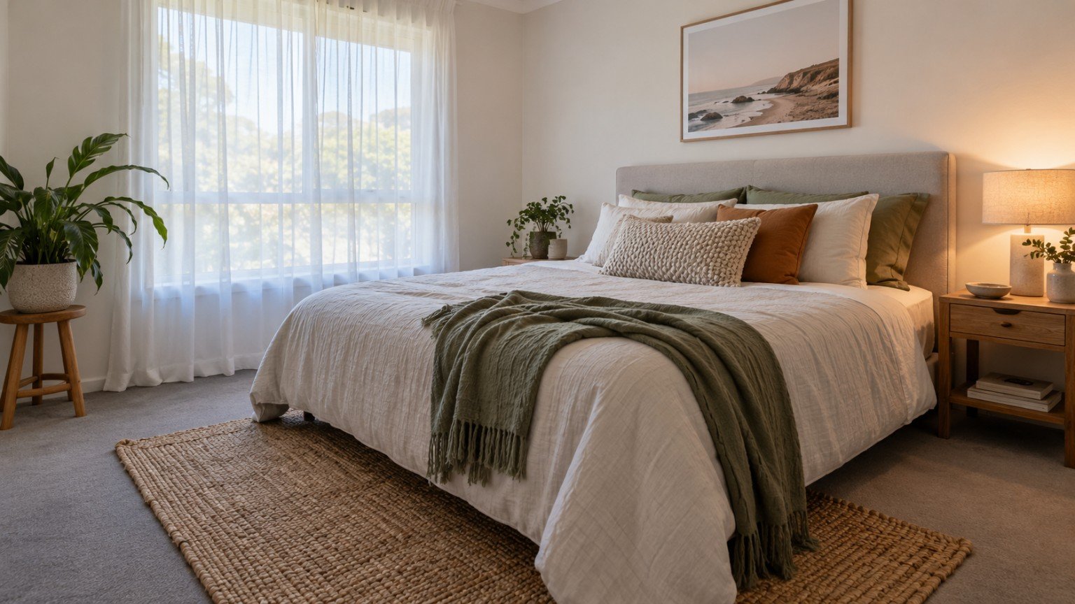 Bedroom refreshed with new cushions, throw and a lamp on a small budget