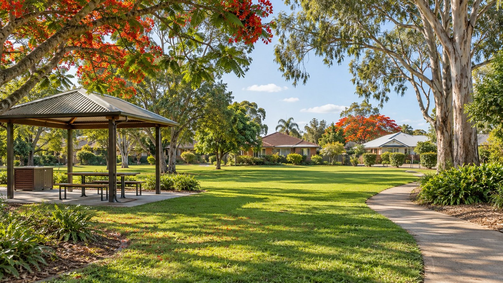 Neighbourhood park with picnic shelter, poinciana trees and homes along the edge in an established south Brisbane suburb