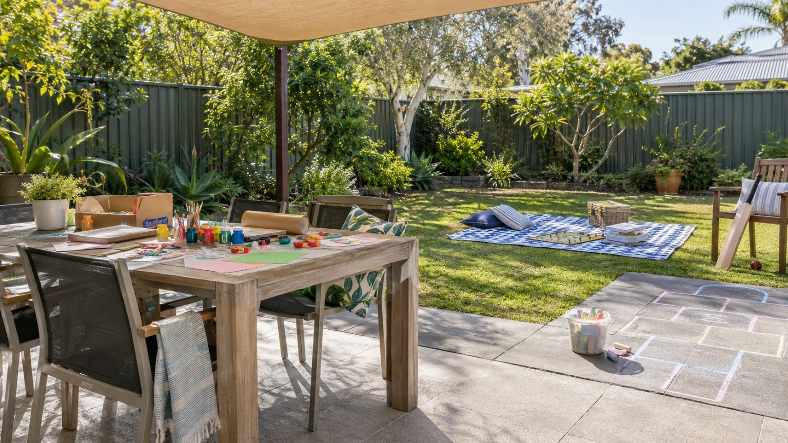 Backyard set up for low cost school holiday craft and outdoor play