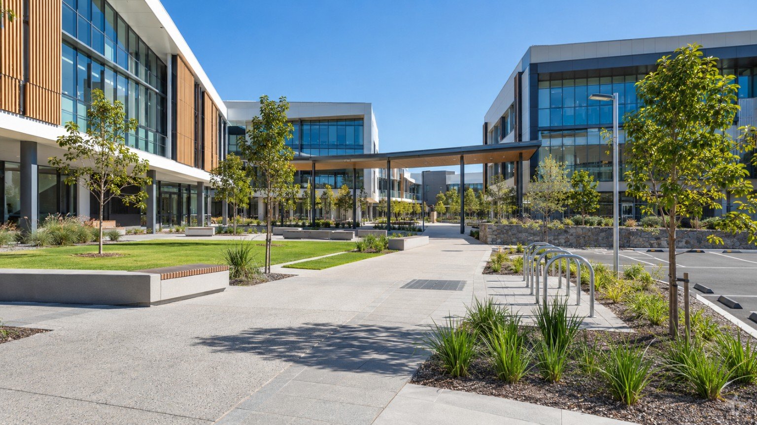 Modern school and education precinct buildings in a planned Ipswich community