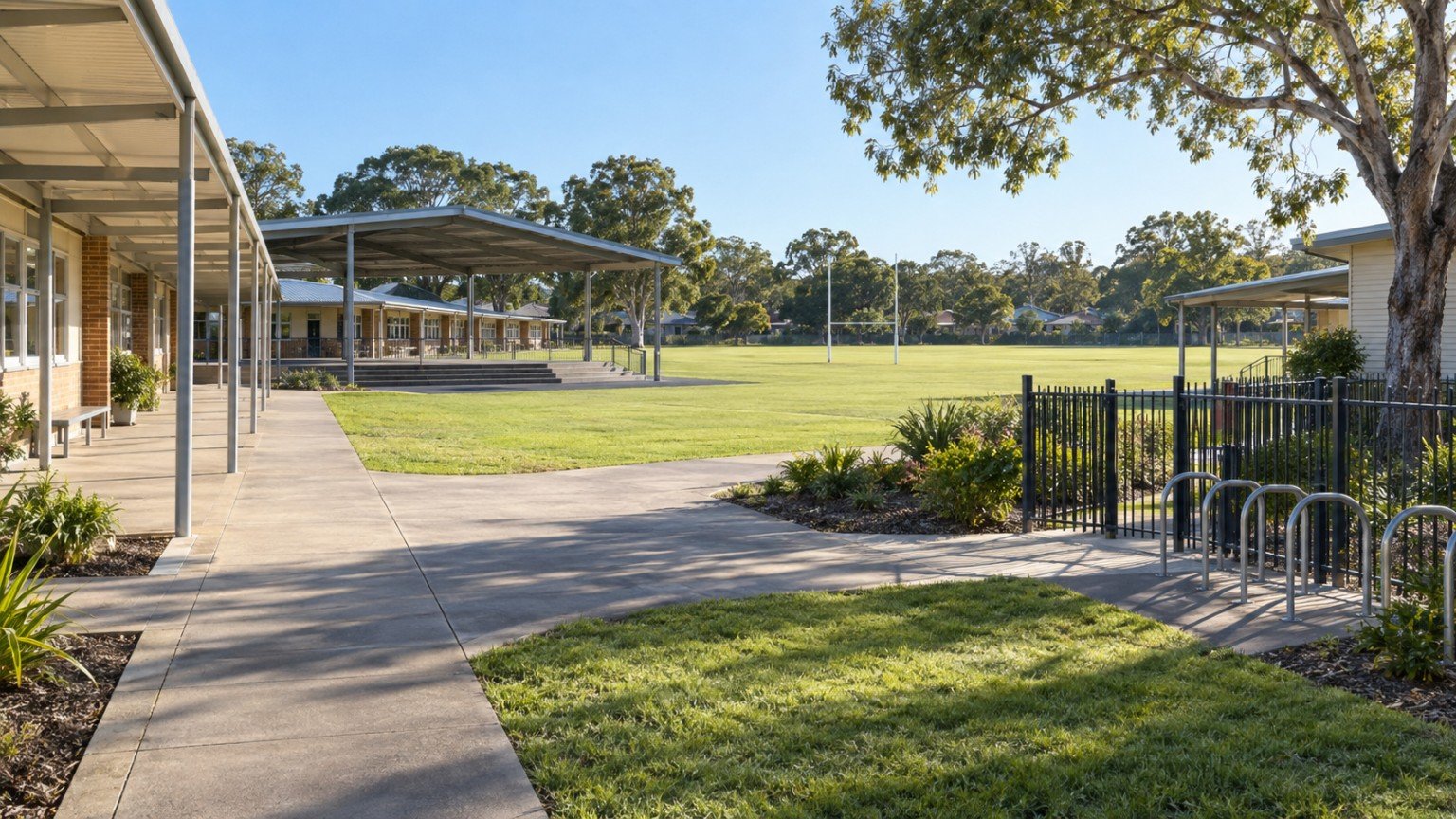 Australian primary school grounds and sports field in a suburban setting