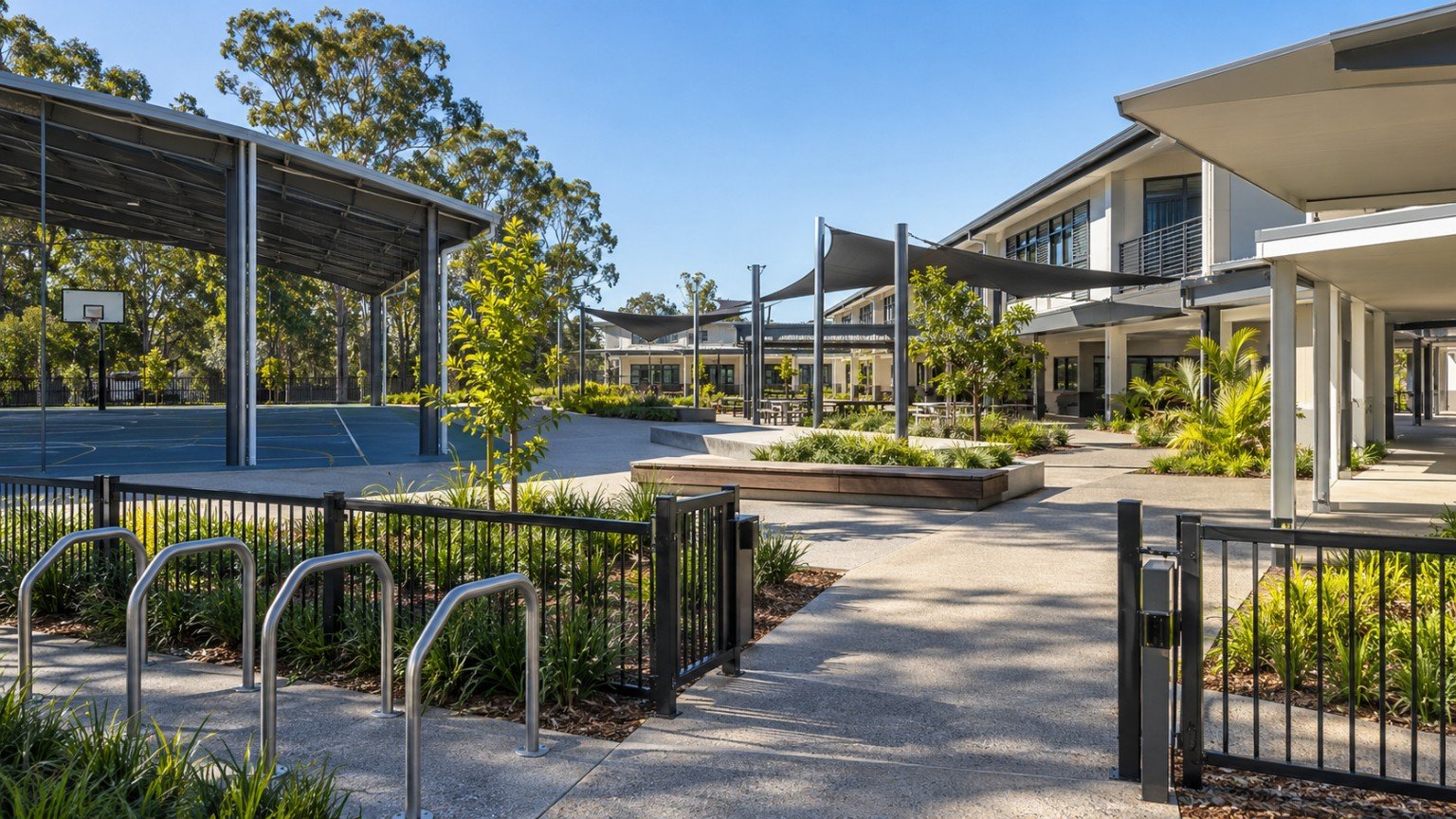 School buildings and covered walkways in an outer Logan suburb