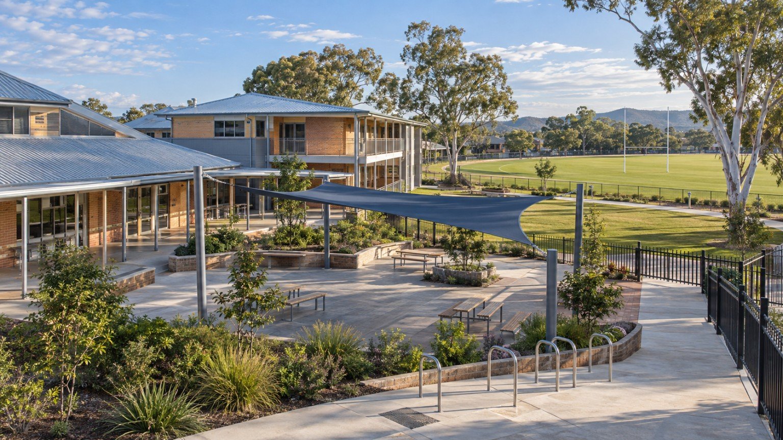 Australian school buildings, covered walkways and sports field in a Logan suburb