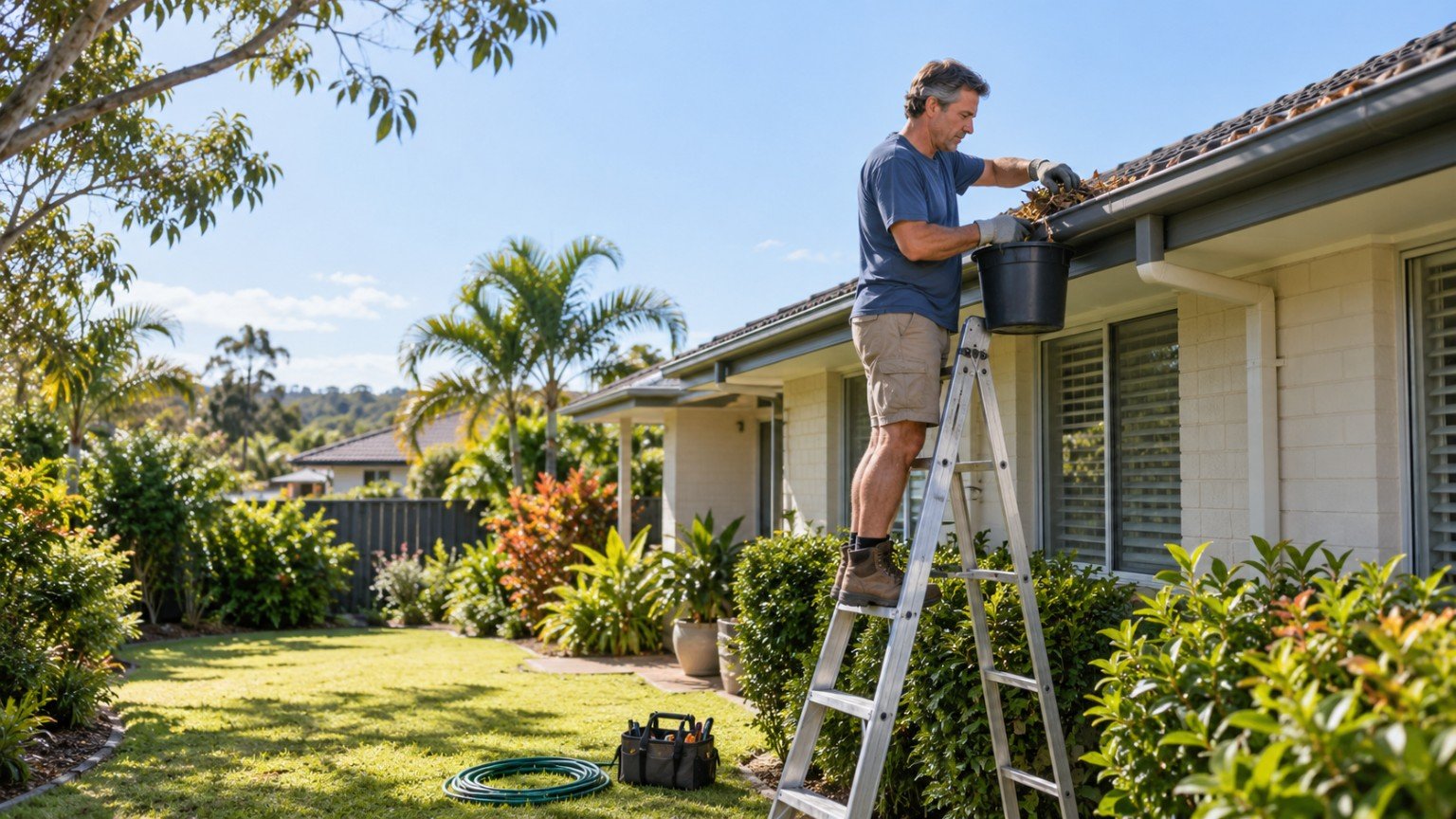 Homeowner clearing leaves from the gutters of a Queensland home on a ladder