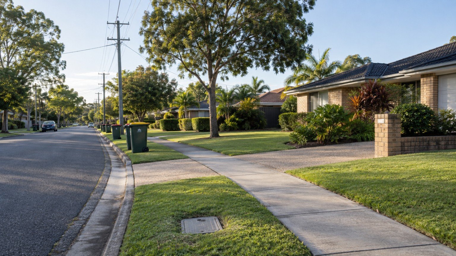 Suburban street showing power lines, a water meter in the verge and kerbside bins