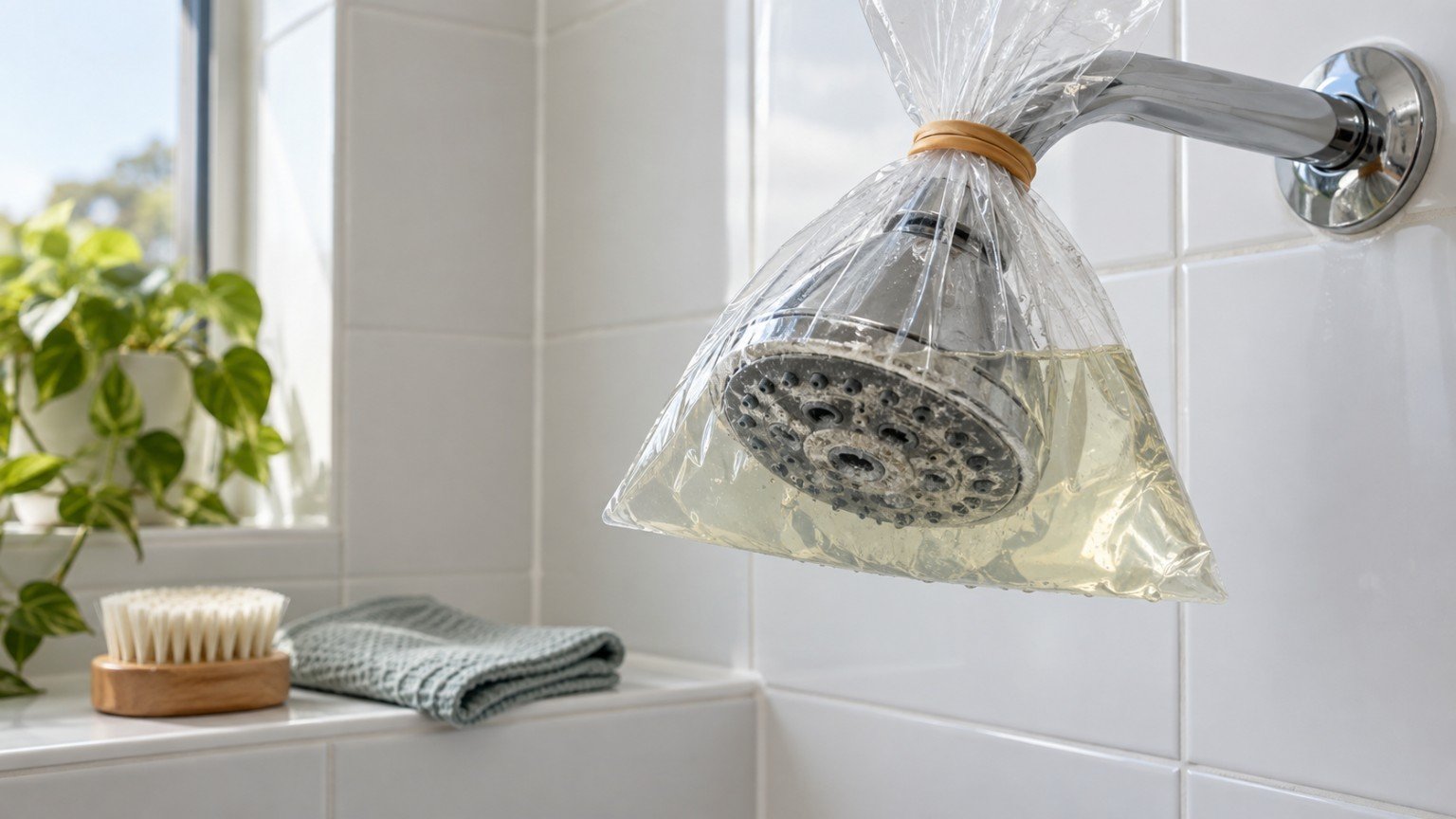 Chrome shower head with mineral scale being soaked in a bag of vinegar solution