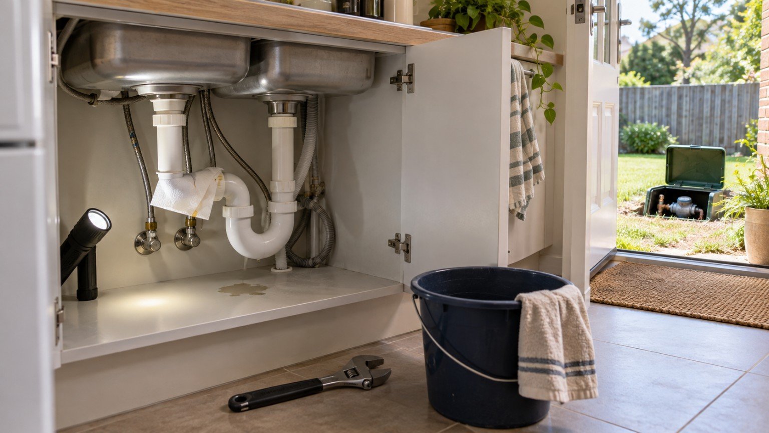 Water meter and under-sink pipework being checked for a hidden leak