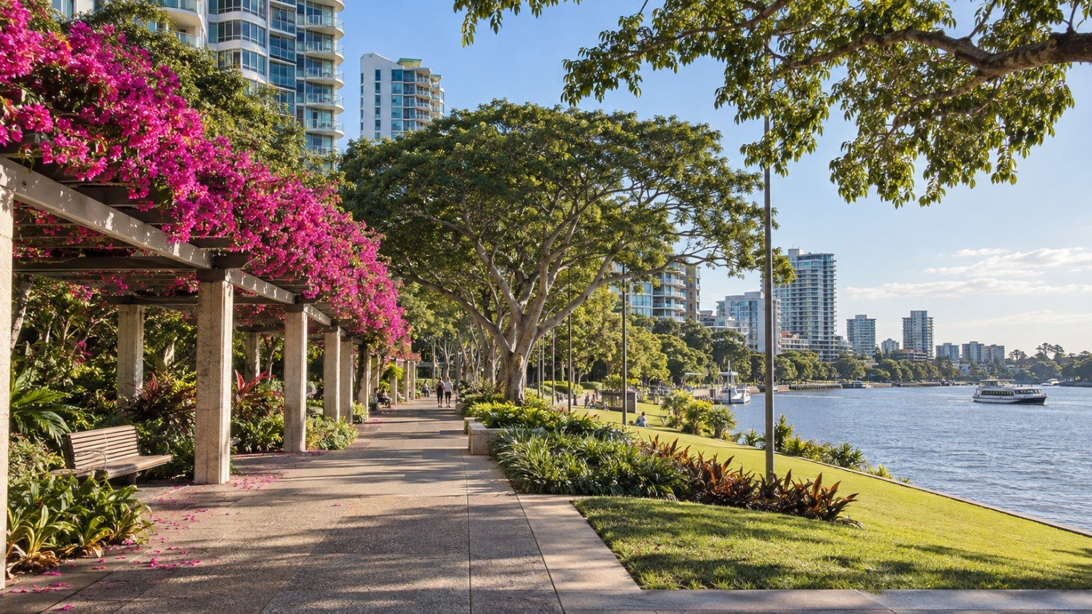 Riverside parkland promenade with mature trees and apartment towers in inner Brisbane