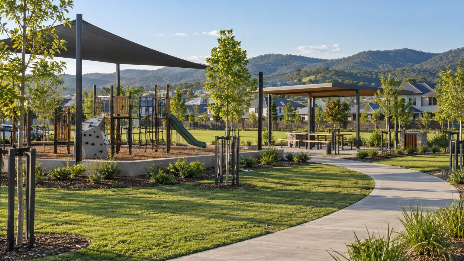 New neighbourhood park with playground, shelter and open lawn in a growing Ipswich-region community