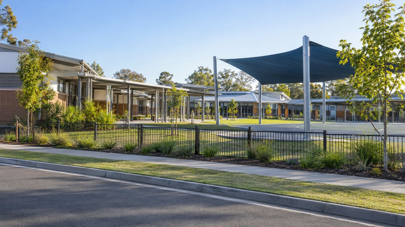 Modern Queensland primary school buildings with covered walkways and shaded play area