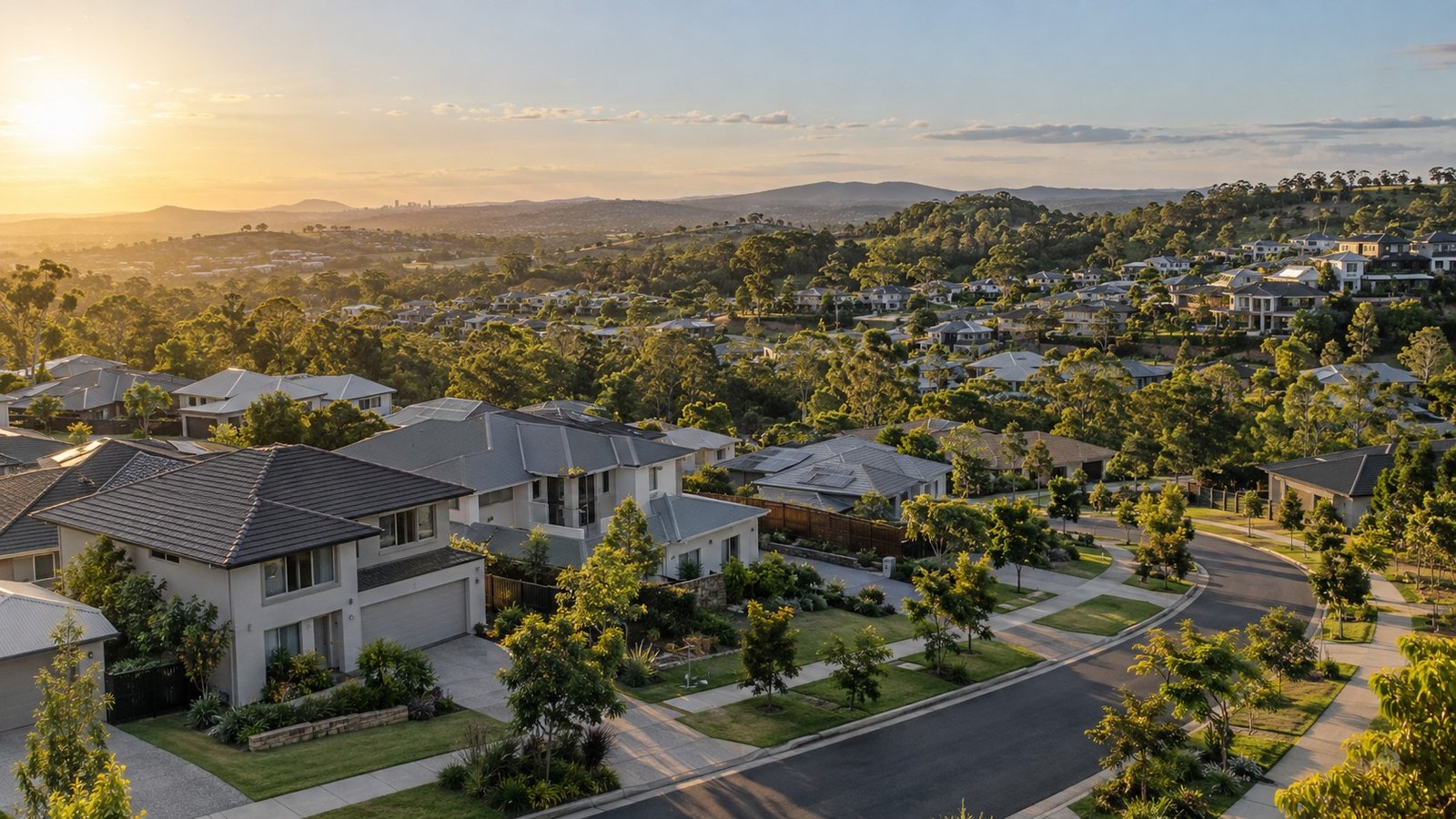 New master-planned residential estate with landscaped verges on rolling terrain near Ipswich