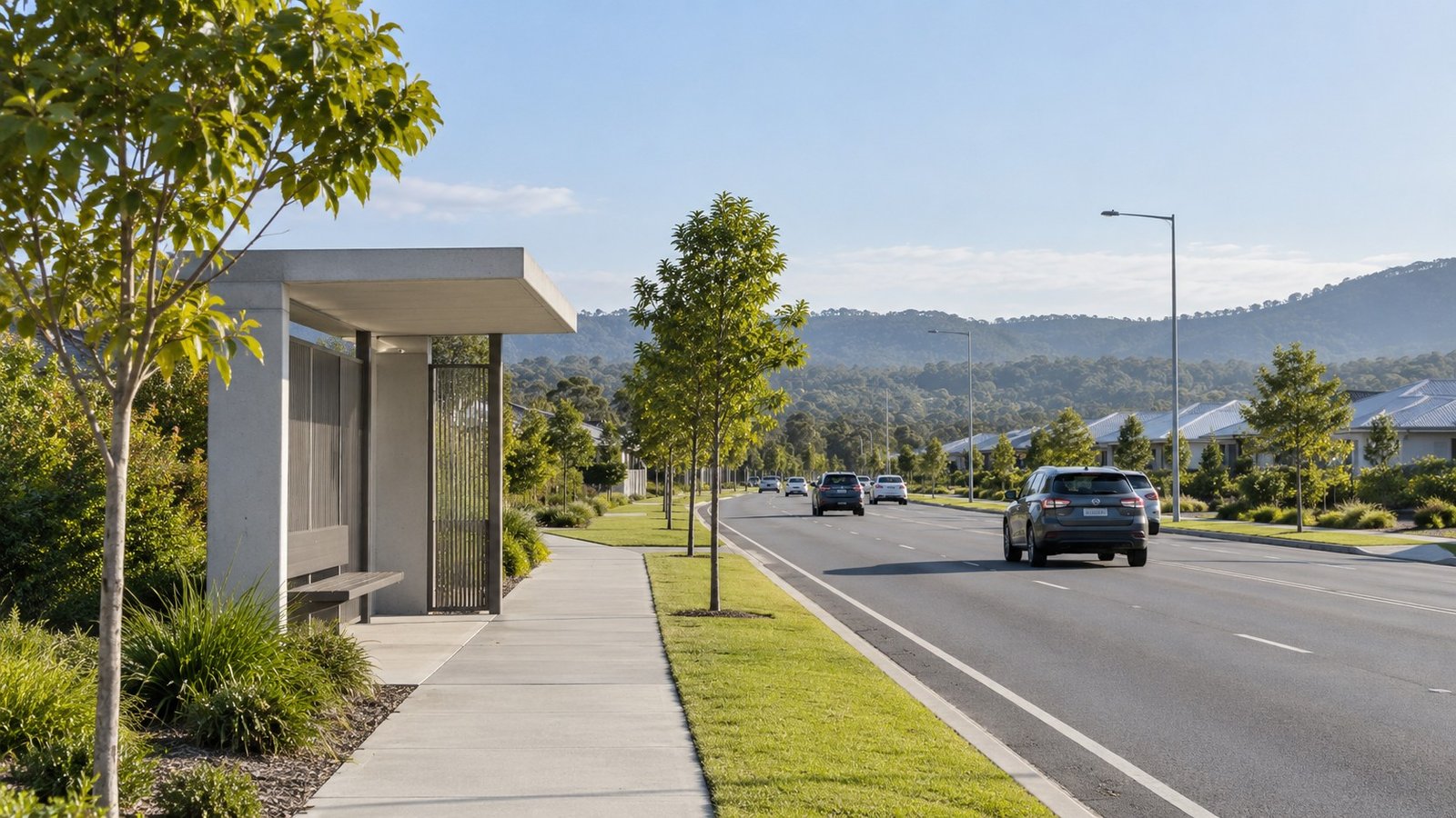 Arterial road corridor and bus stop serving a growing residential area west of Brisbane